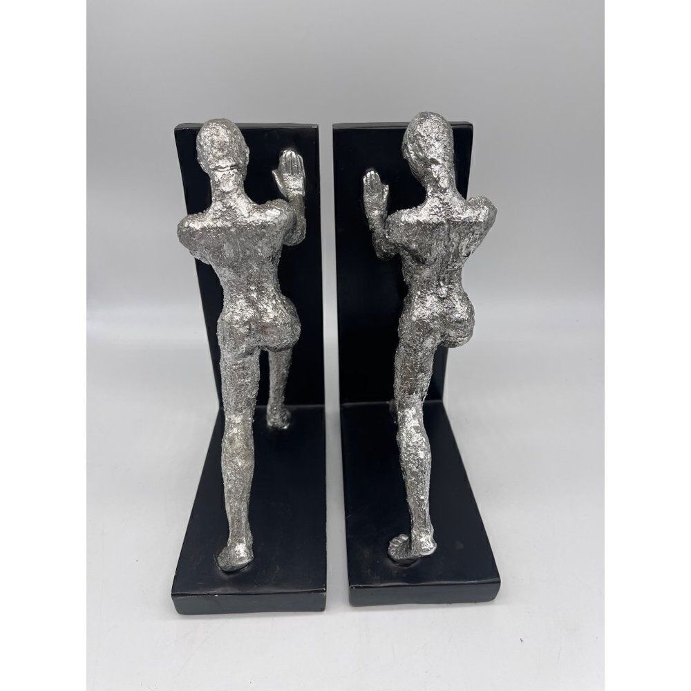 Metal Sliver Men Pushing Sculpture Balck / Silver Bookends